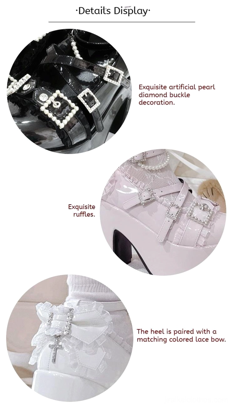 Ryousangata platform heels detail showcase three color variants black white pink patent leather with rhinestone buckles back lace bow ruffled trims flat product view