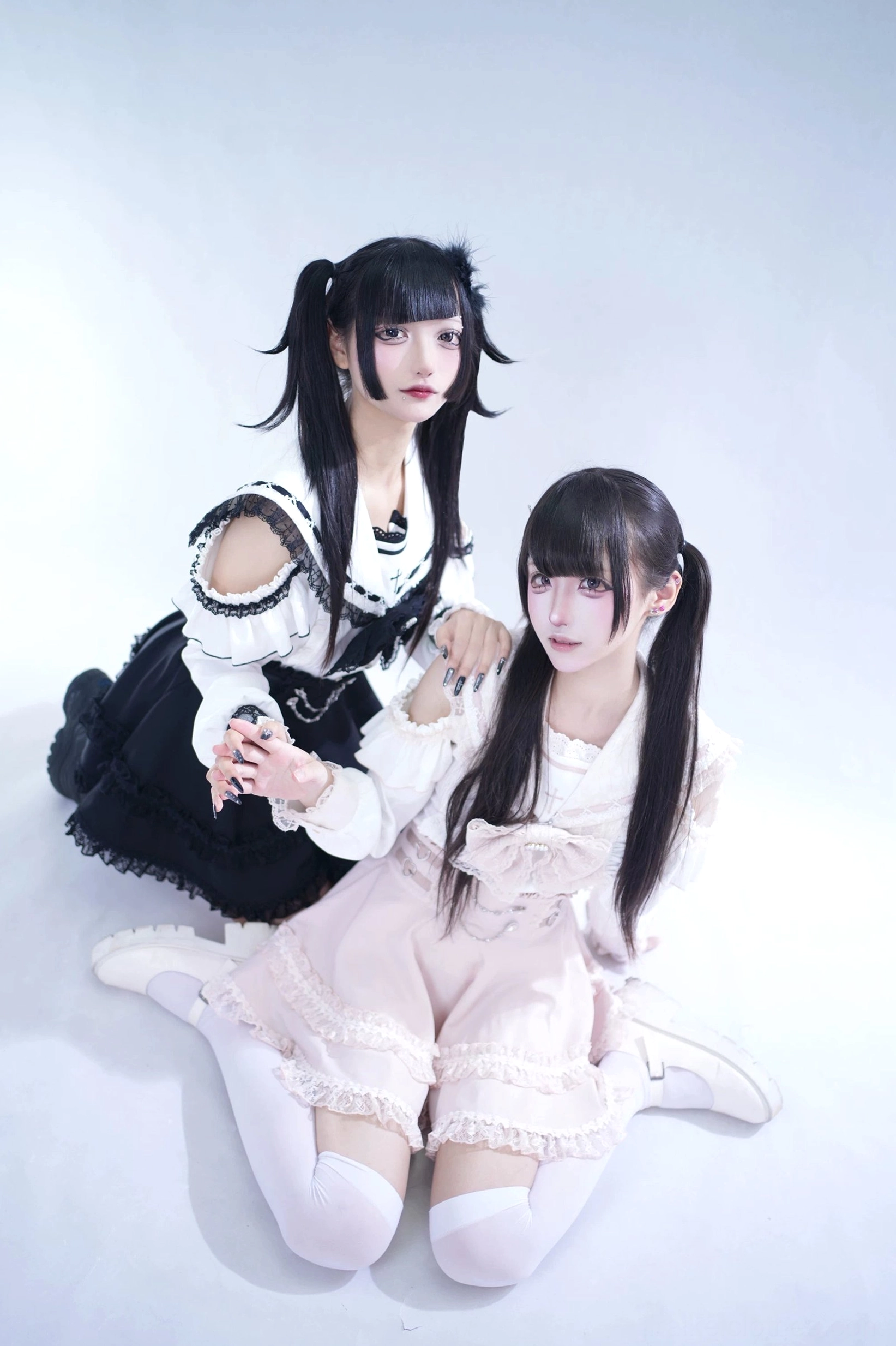 Three-quarter view of sailor collar Jirai Kei blouse and skirt displaying overall silhouette, ruffles, and coordinate proportions