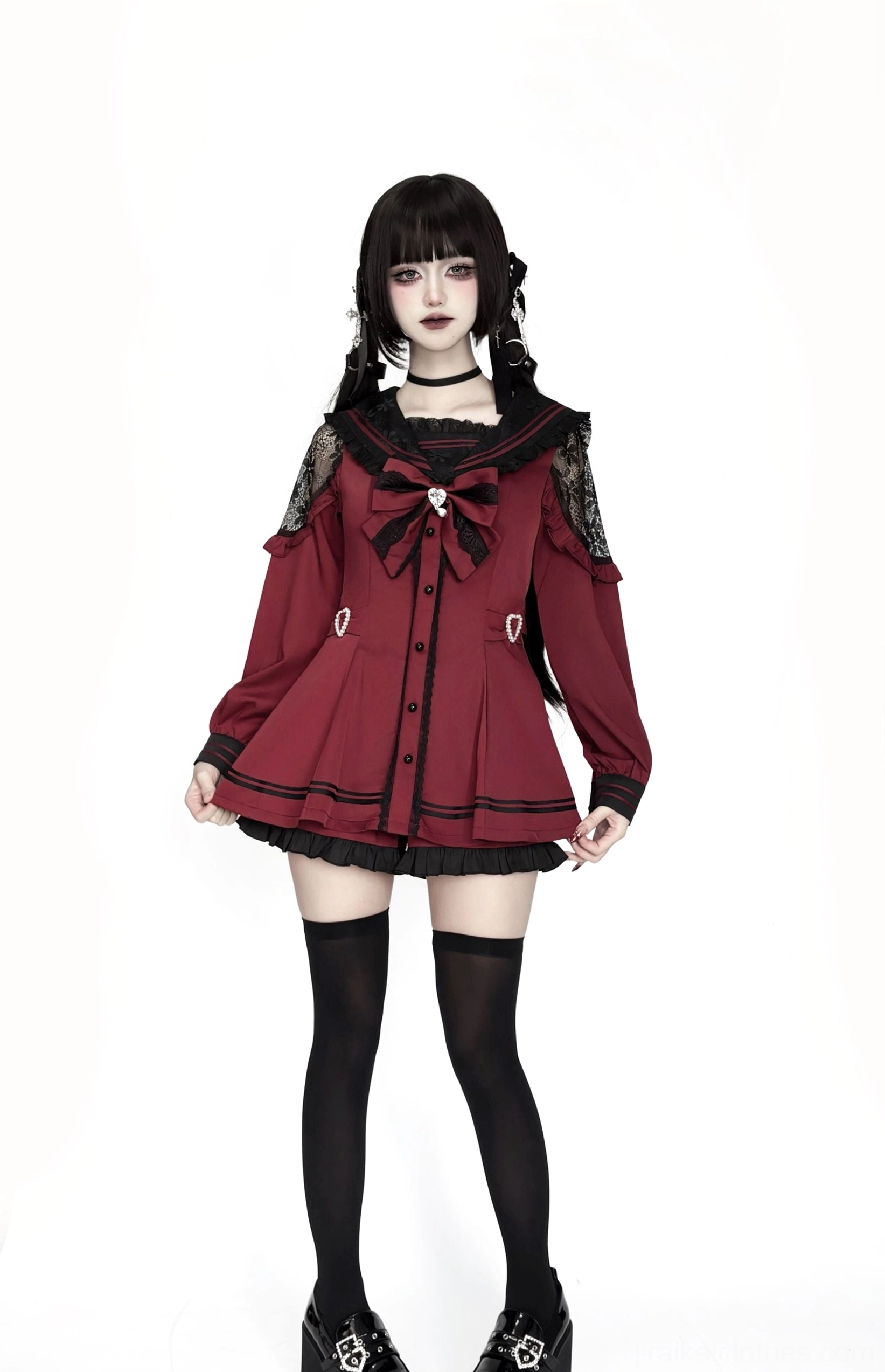 Sailor Jirai Kei dress set black grey long sleeves preorder variant on model display