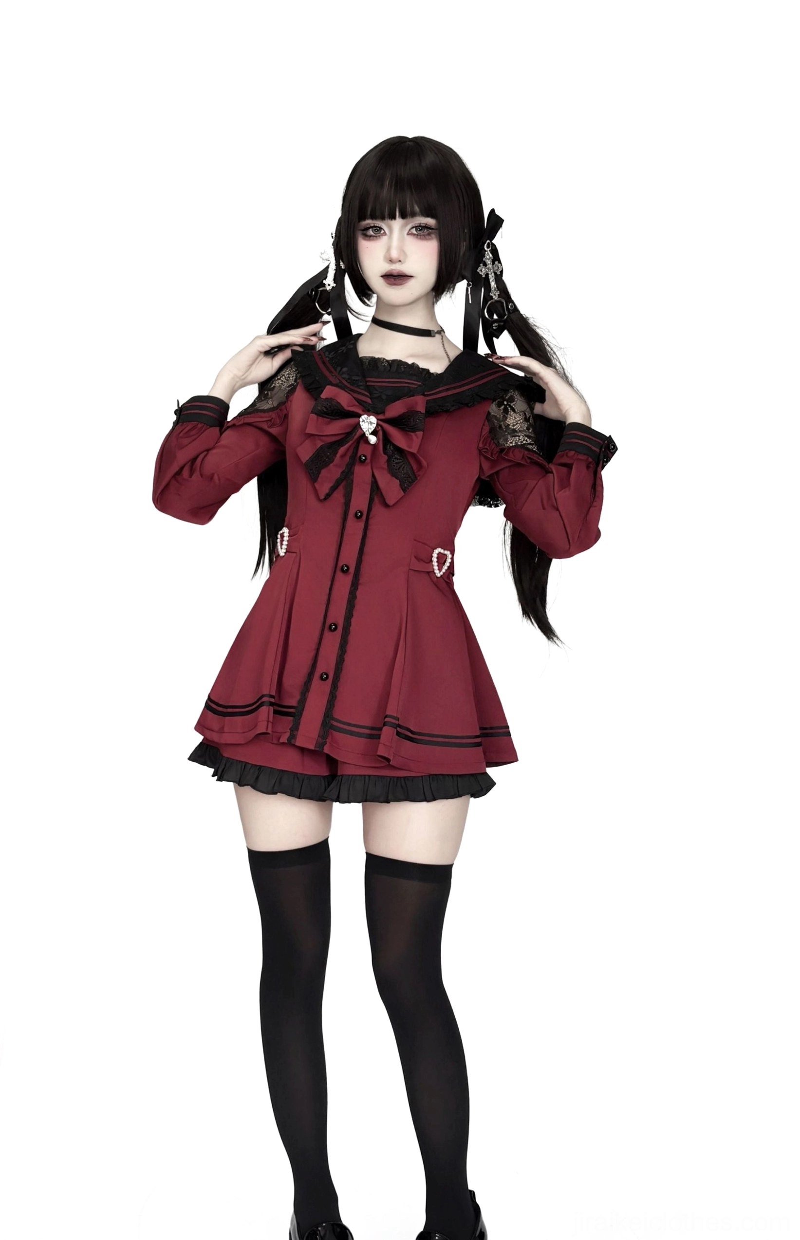 Sailor Jirai Kei dress set black red long sleeves preorder variant model full-body styling