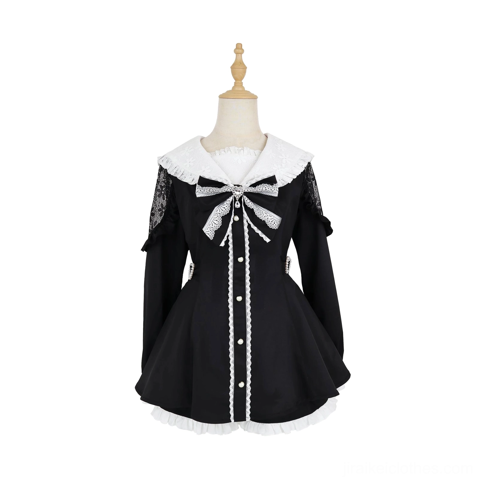 Black sailor collar Jirai Kei dress with white lace collar and pearl button trim on dress form flat display