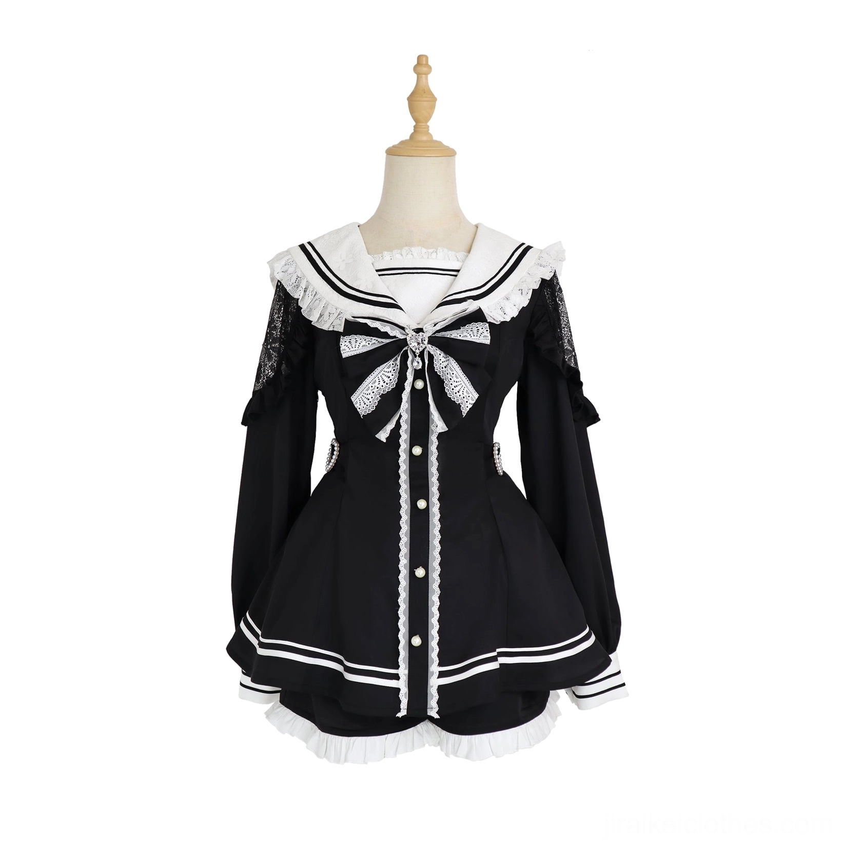 Black sailor Jirai Kei dress set without piping design white stripe hem trim mesh lace shoulder panels on form