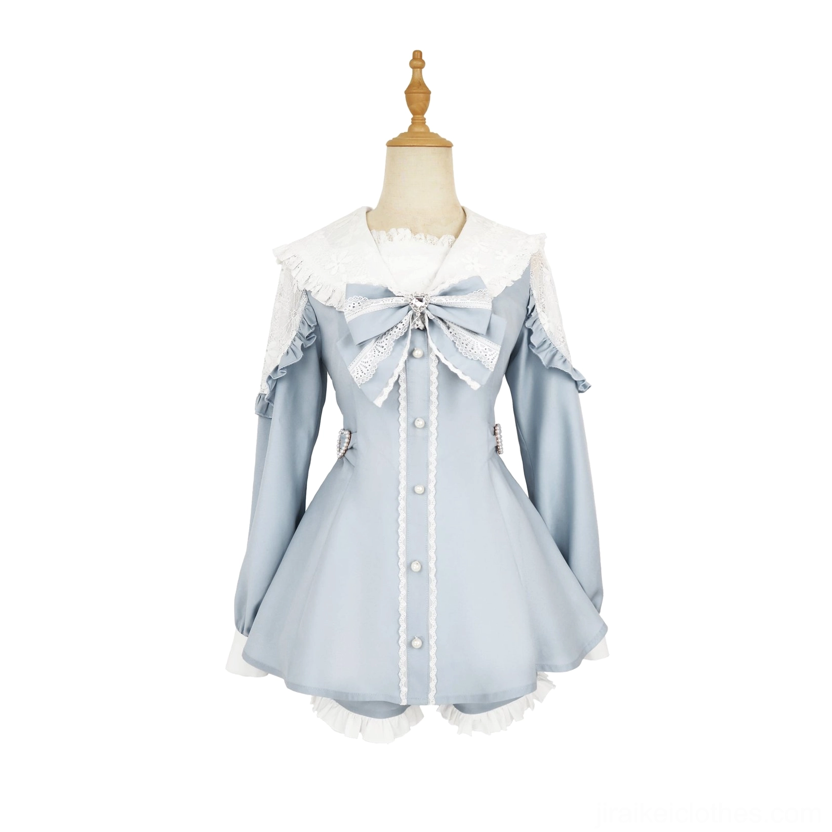 Sailor Jirai Kei dress set heart-shaped waist pearl button detail close-up product photography