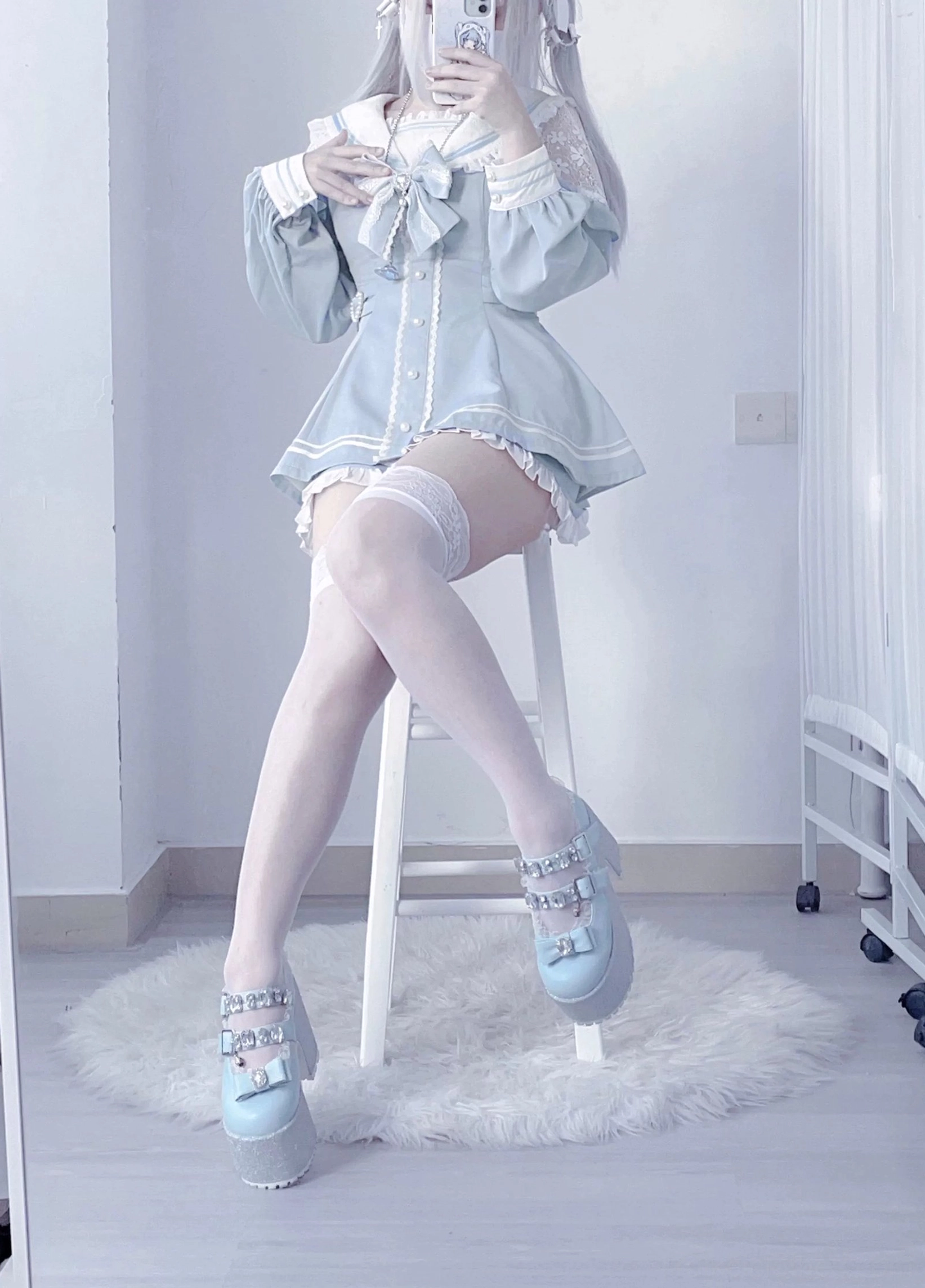 Sailor Jirai Kei dress set lace sleeve and shoulder panel intricate texture detail photography