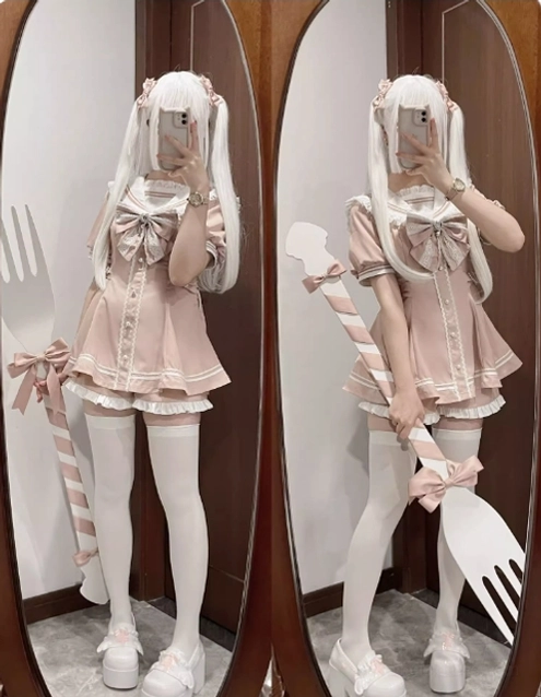 Sailor Jirai Kei dress set pink long sleeves preorder variant on model front view display