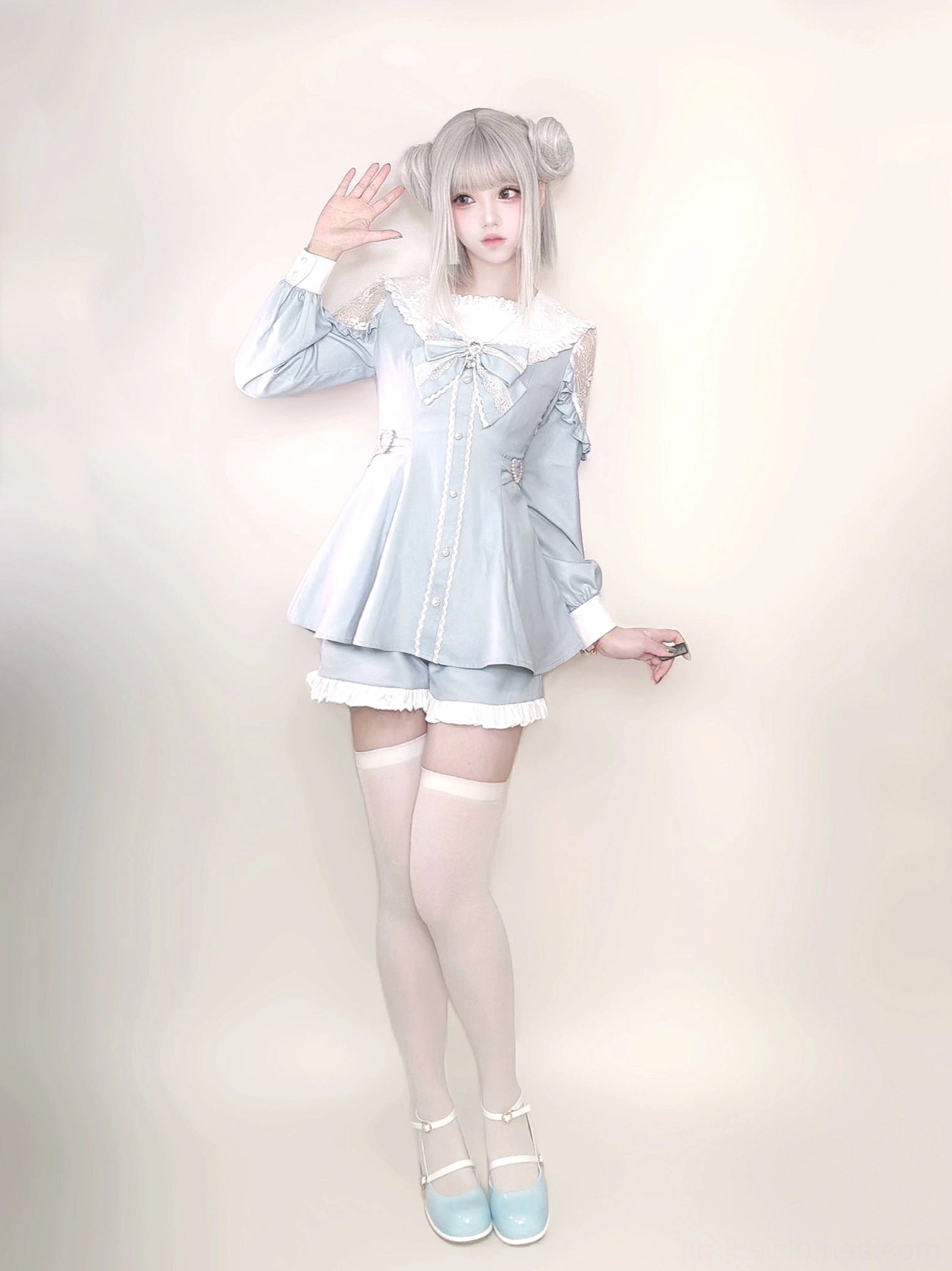 Sailor Jirai Kei dress set shorts with adjustable elastic waistband and ruffled hem detail photography