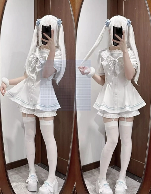 Sailor Jirai Kei dress set white long sleeves preorder variant model full-body display
