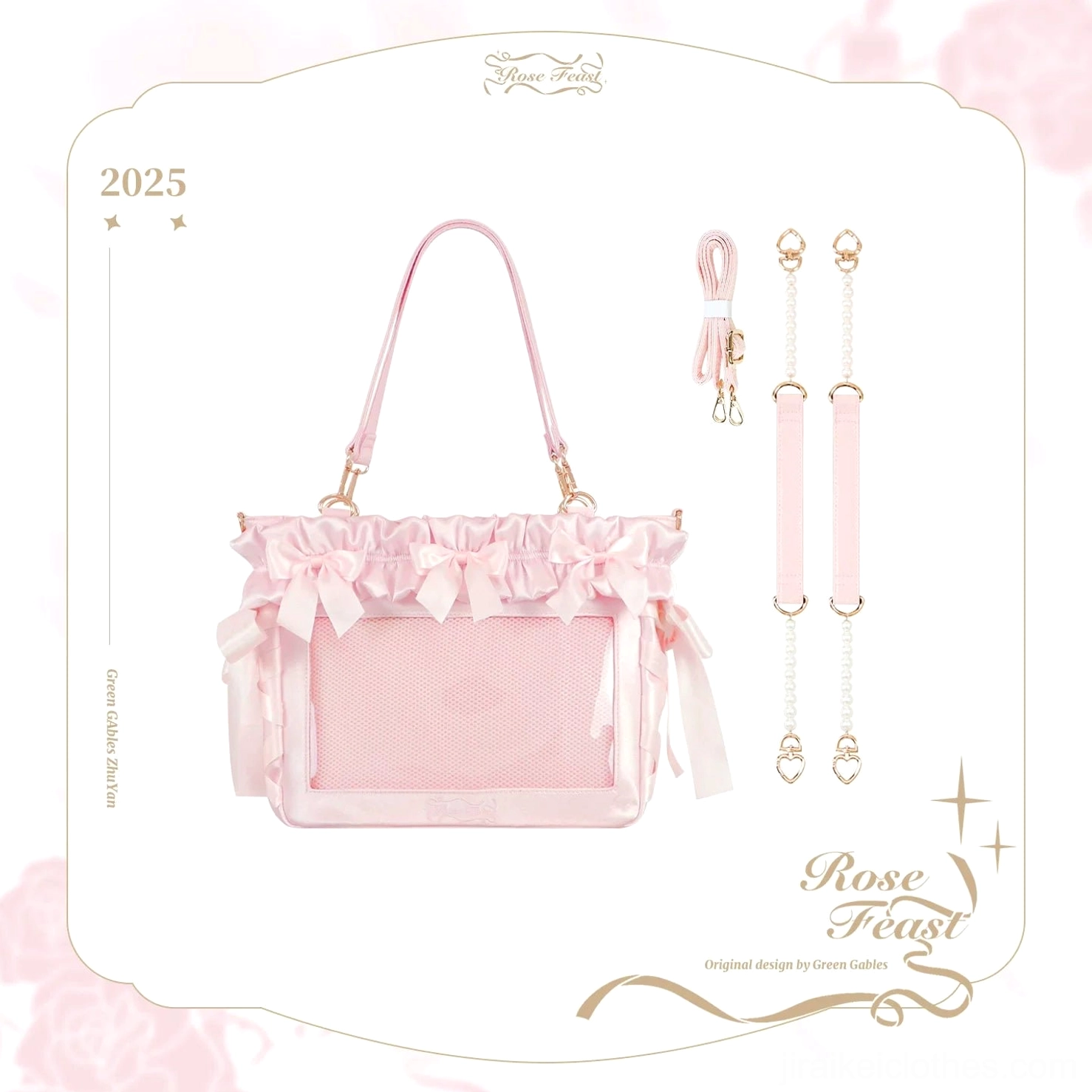 Sakura pink Jirai Kei itabag color variant soft rose tones decorative bows pearl handles and transparent window showing badge collection
