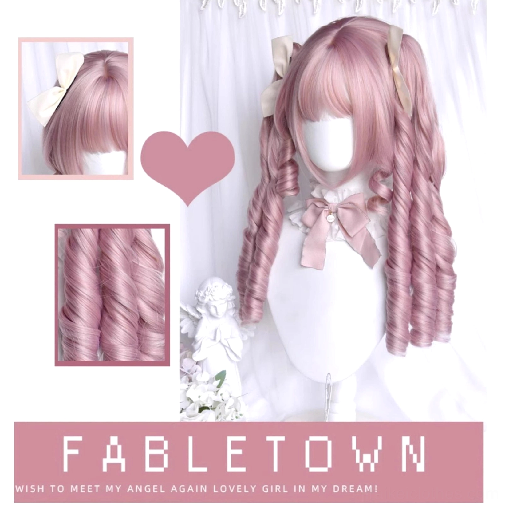 Sakura pink double ponytail Jirai Kei wig detail shot highlighting precision Roman curl construction and breathable cap design for comfortable extended wear