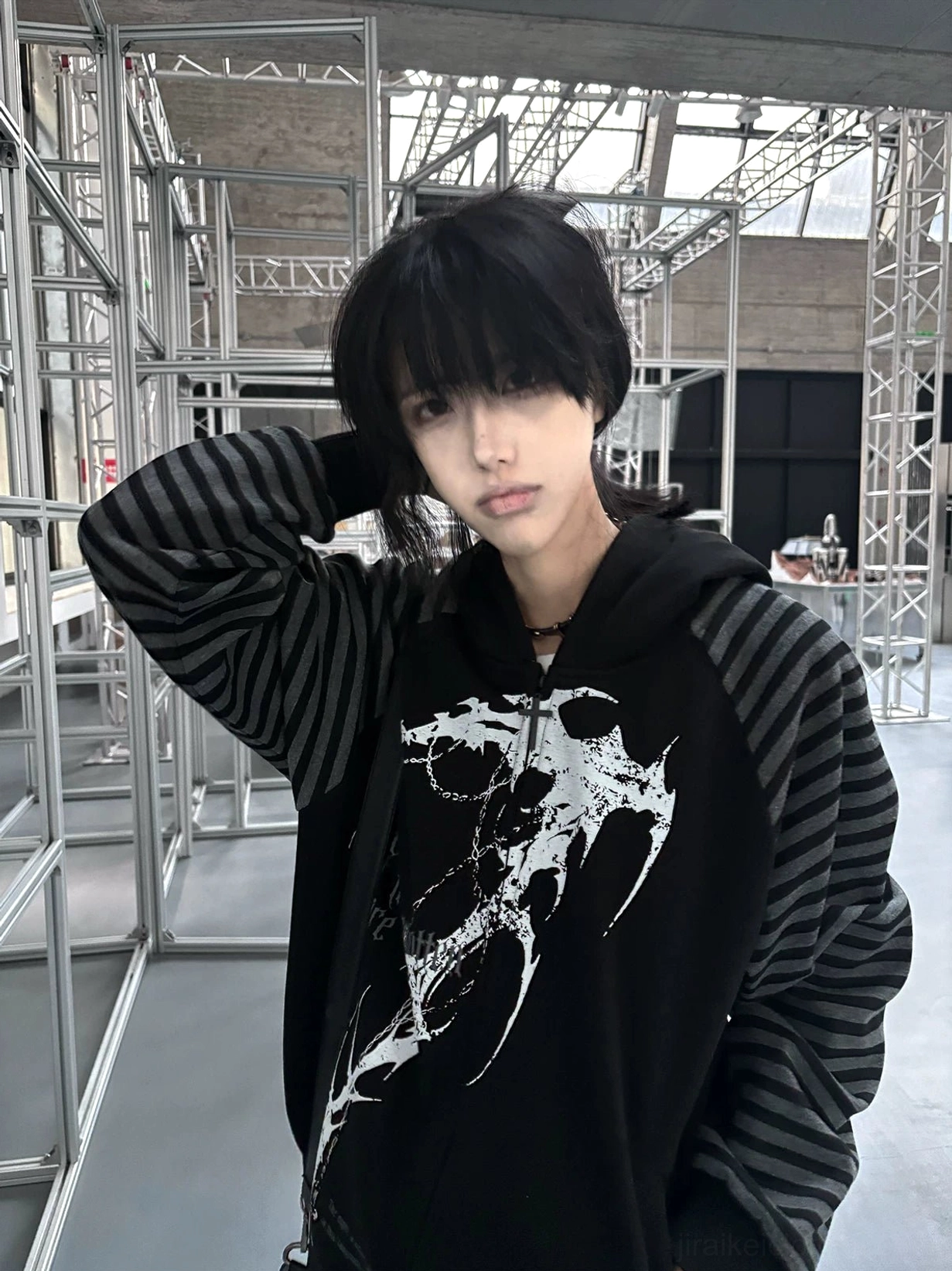 Hooded scythe print zip coat raglan sleeve detail showing grey striped contrast design and scythe graphic artwork Jirai Kei aesthetic