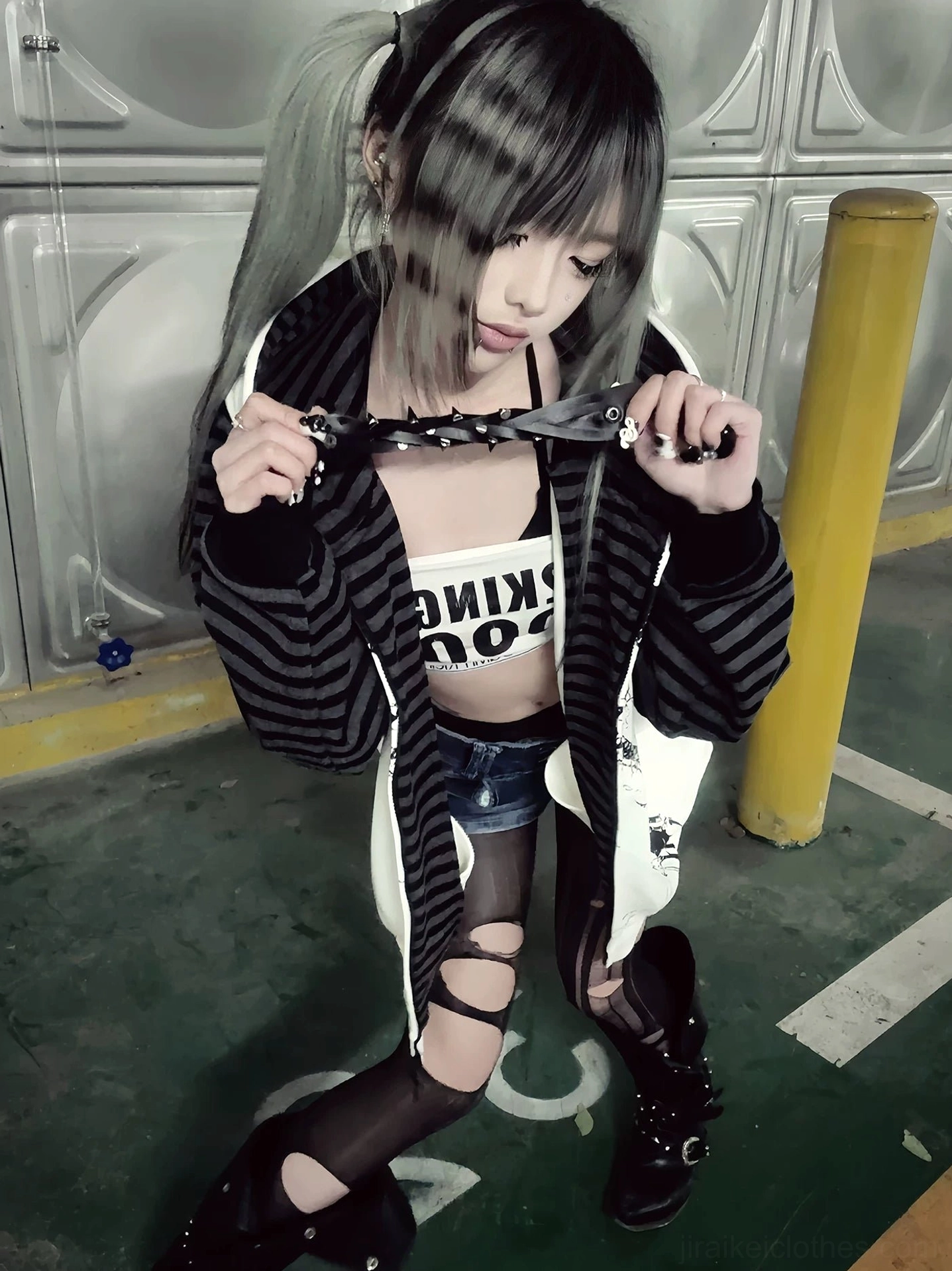 Hooded scythe print zip coat hood detail and drawstring showing structured design and dark aesthetic Jirai Kei subculture wear