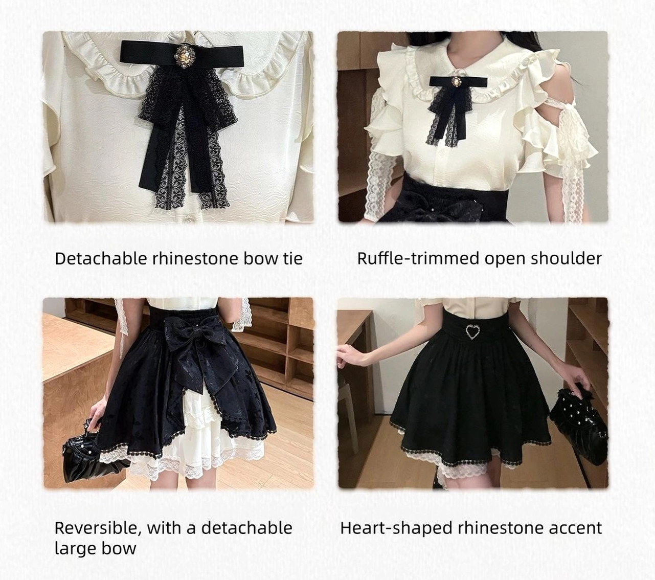 Close-up product details showing Seiso Kei blouse ruffled sleeve, detachable bow tie, skirt heart rhinestone accent and large back bow