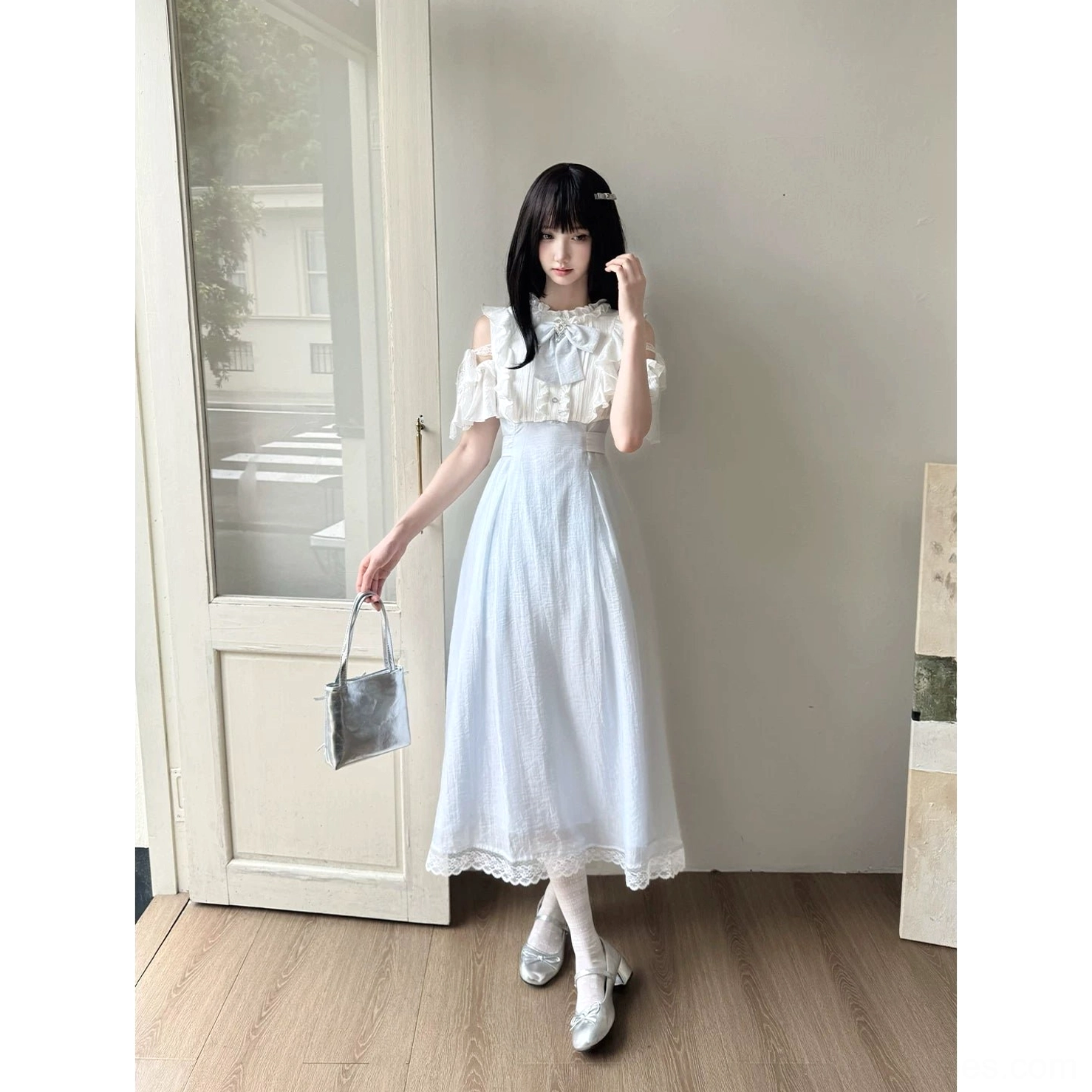 Seiso Kei midi dress full front view with solid light blue skirt, white ruffled bodice, and sheer fabric details