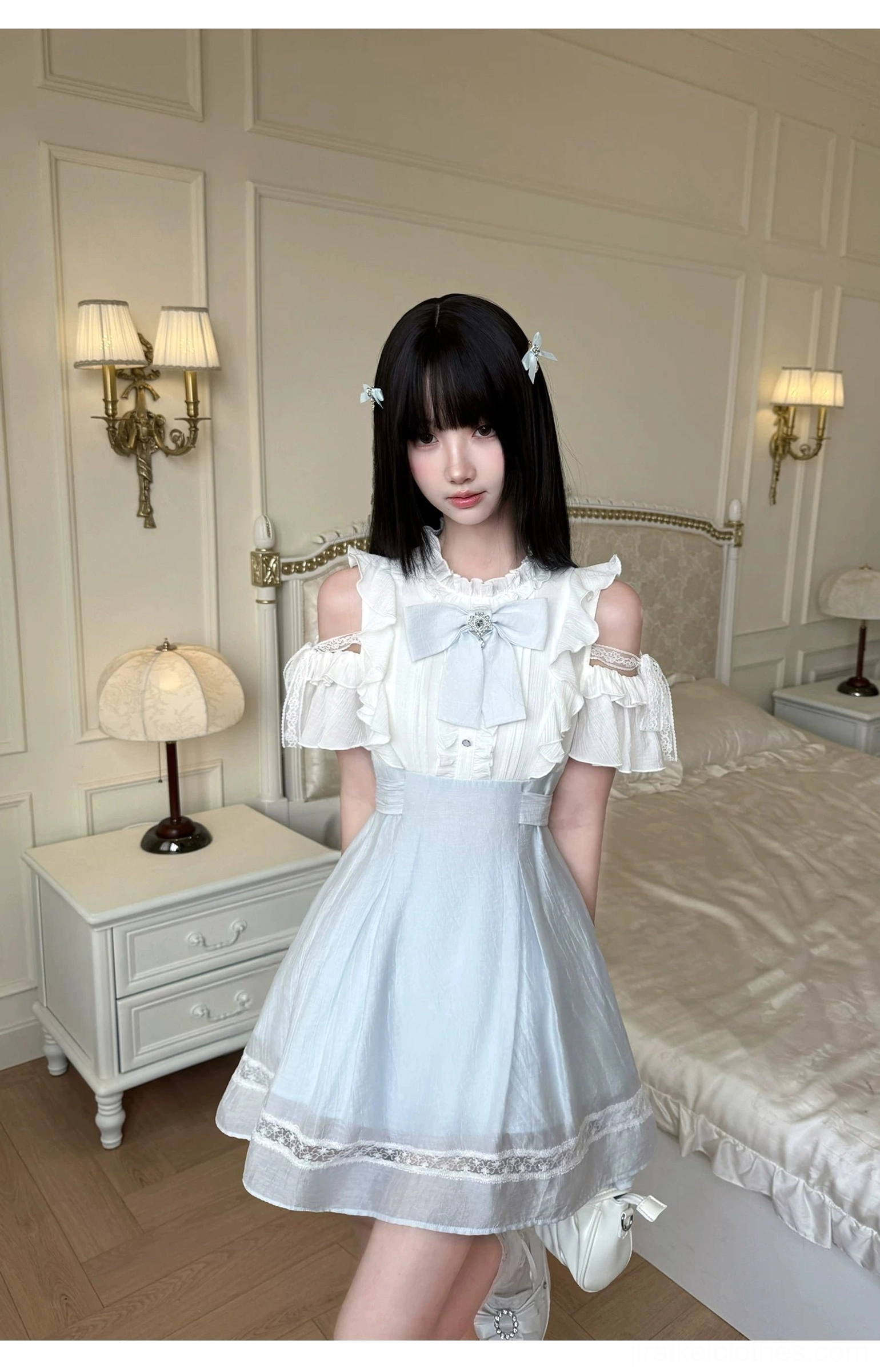 Seiso Kei short dress all size options S M L with cold-shoulder and detachable bow