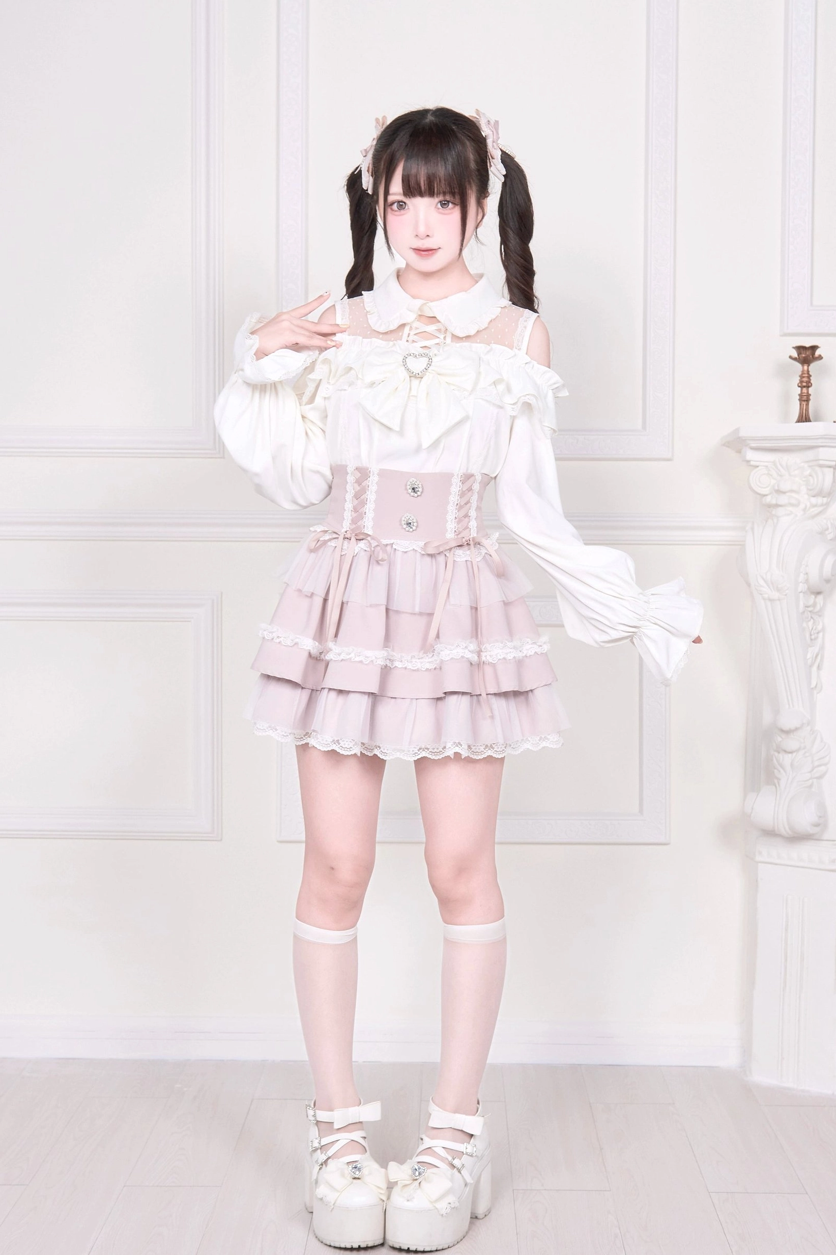 Multiple color variants of sheer cold-shoulder Jirai Kei blouse black white plaid styling options coordination