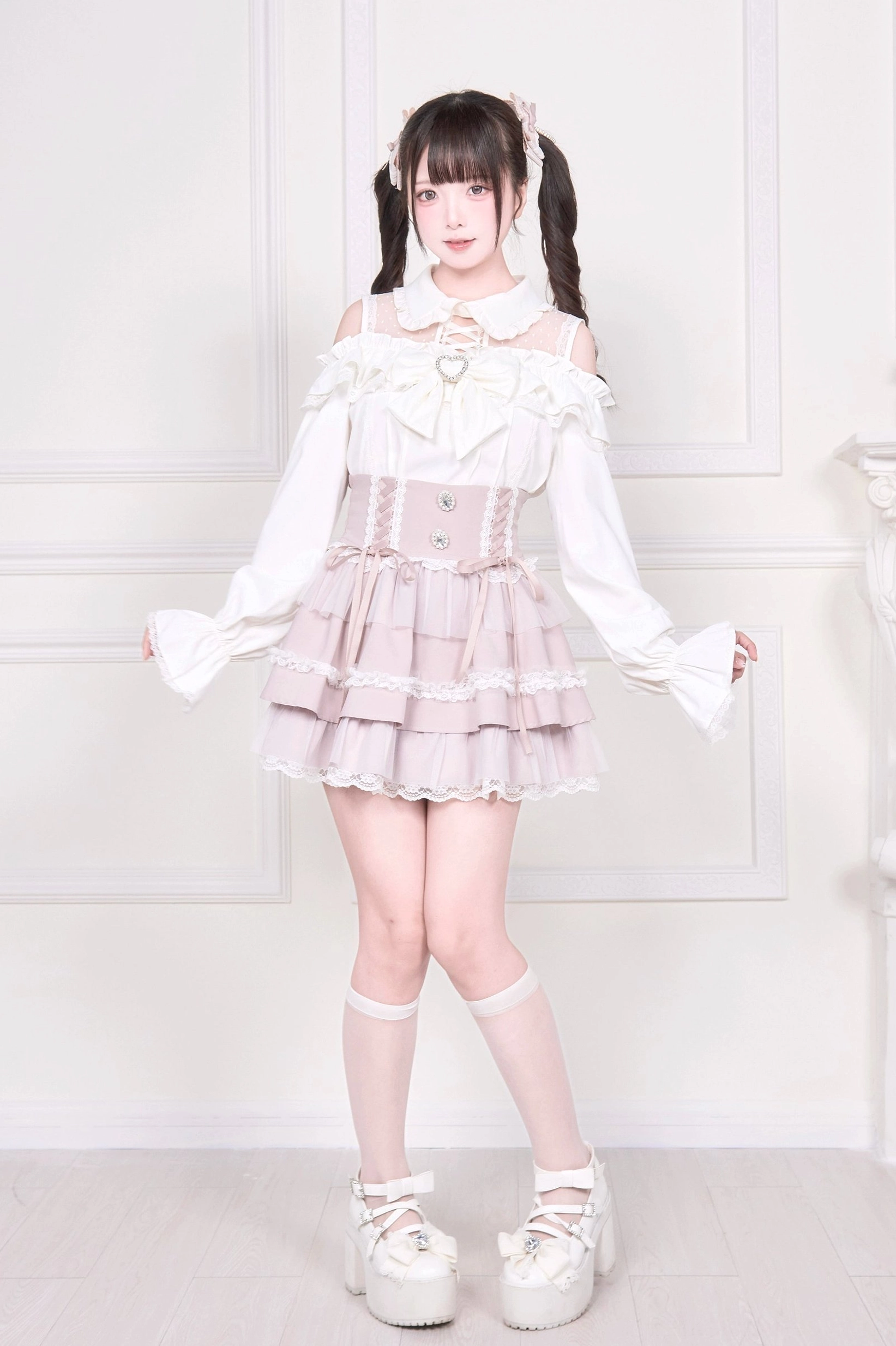 Sheer cold-shoulder Jirai Kei blouse lace-up corset detailing and chest flounce hem accent construction