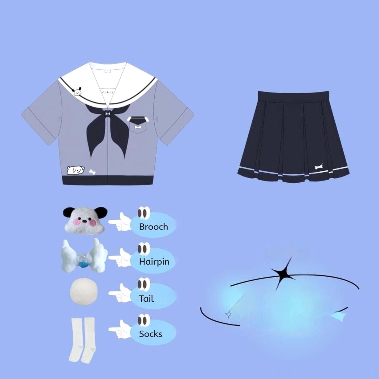Short-sleeve puppy Jirai Kei sailor jk uniform complete set blouse skirt bow tie brooch hairpin fluffy tail socks coordinated styling