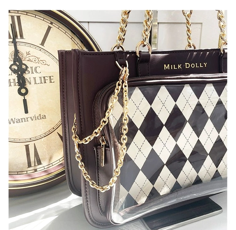 Silver checkered jirai kei ita bag with futuristic sleek modern aesthetic interpretation of style