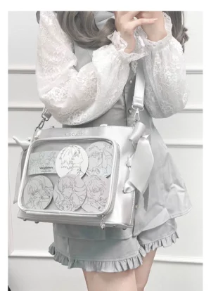 Silver grey satin jirai kei crossbody ita bag with clear badge window and adjustable strap, lolita fashion styling