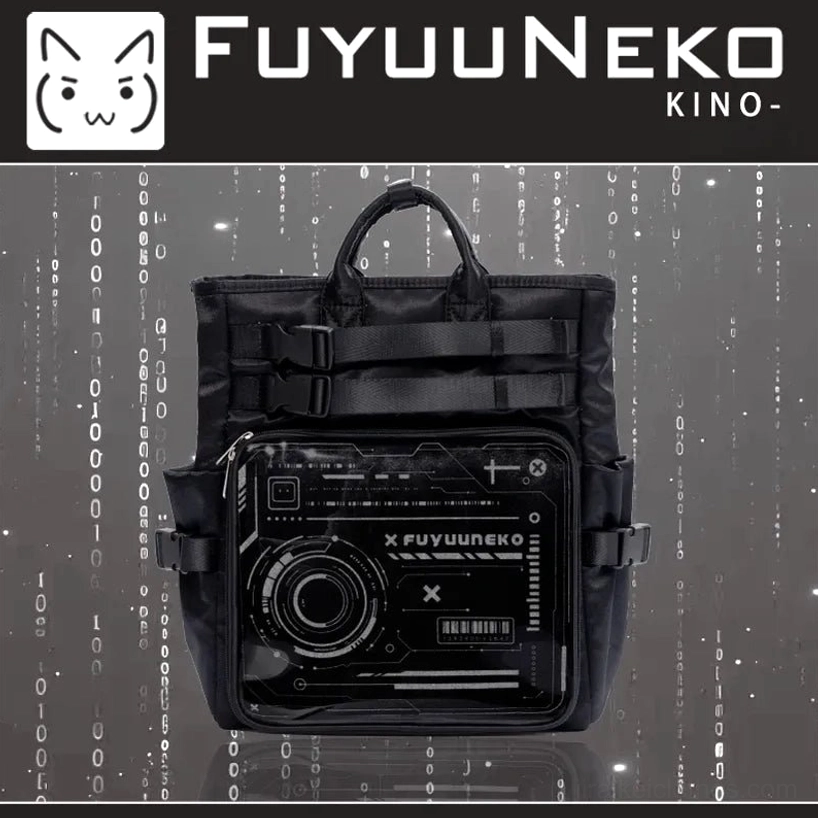 Silver Jirai Kei ita backpack with transparent display window and cyberpunk satin fabric in lifestyle setting perfect for conventions