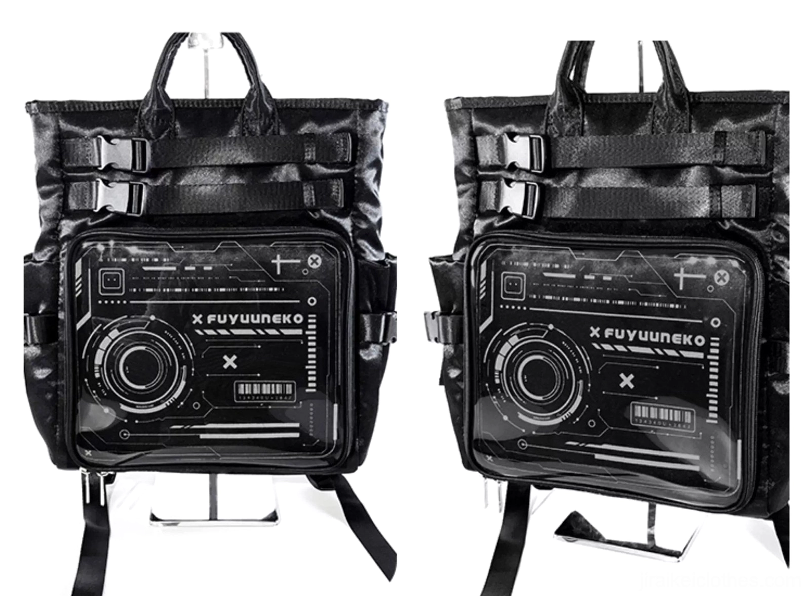 Silver Jirai Kei ita backpack side profile view showing padded shoulder straps water bottle pocket and sleek cyberpunk design