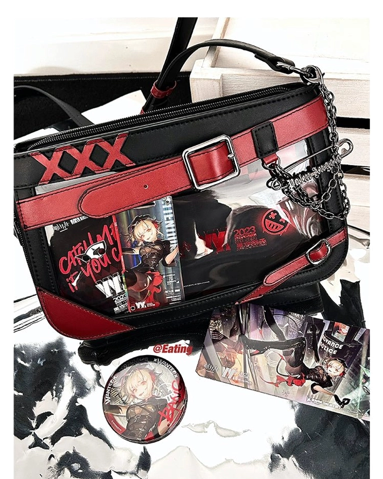 Silver Jirai Kei ita bag variant showing elegant aesthetic with solid background board and upscale appearance