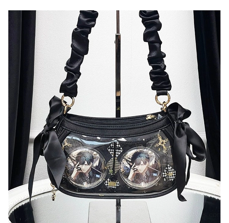 Silver Jirai Kei ita bag shimmer detail showcasing the satin-like polyester finish with light reflection, lace trim accents, and elegant aesthetic qualities