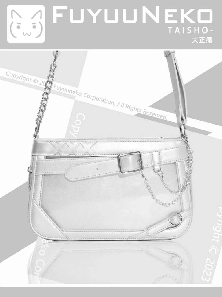 Silver Jirai Kei ita bag with solid board showcasing luxury aesthetic and sophisticated anime collectible presentation