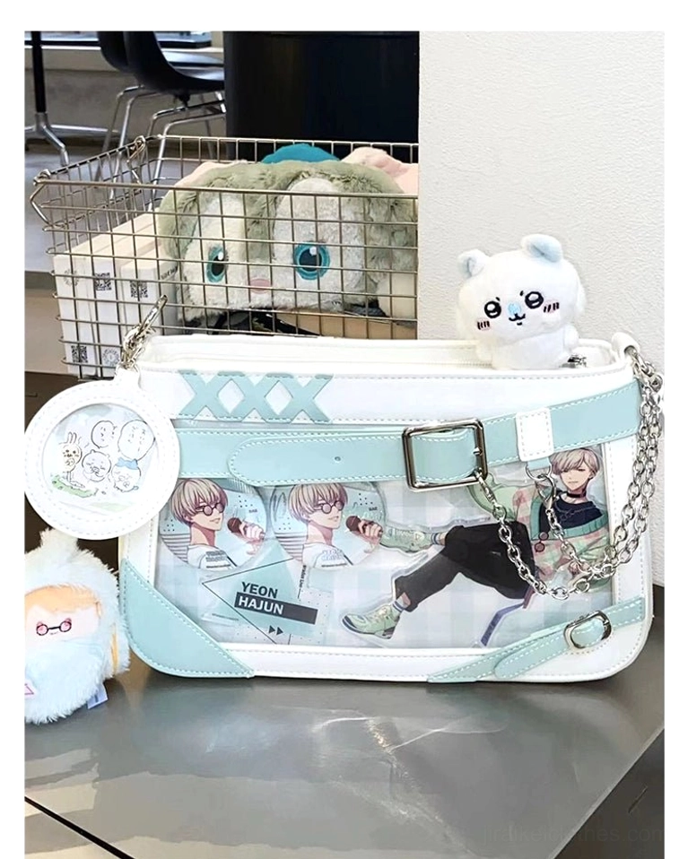 Silver Jirai Kei ita bag variant with solid backing board displaying elegant minimalist anime badge curation