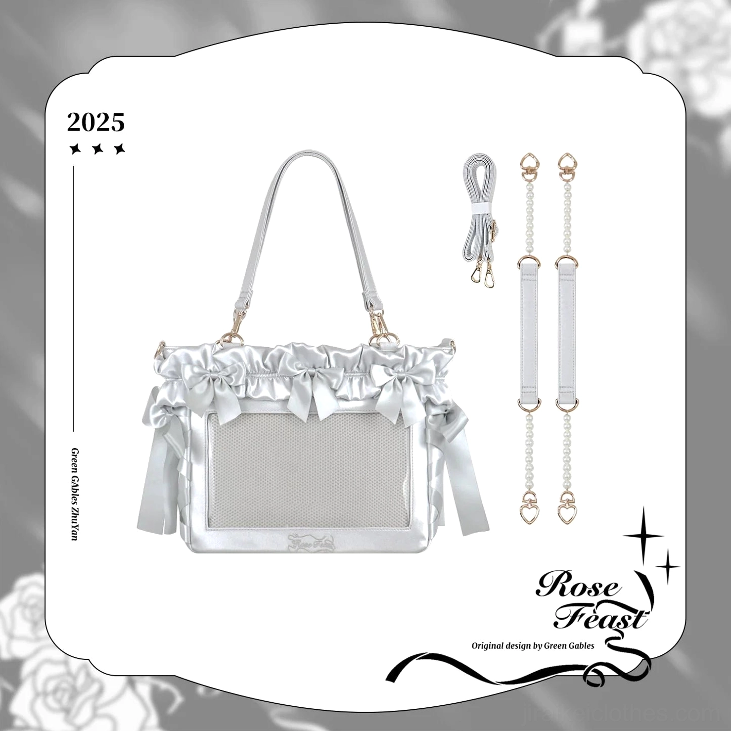 Silver Jirai Kei itabag color variant metallic silver tone with shimmer finish elegant bow details and transparent collectible display window
