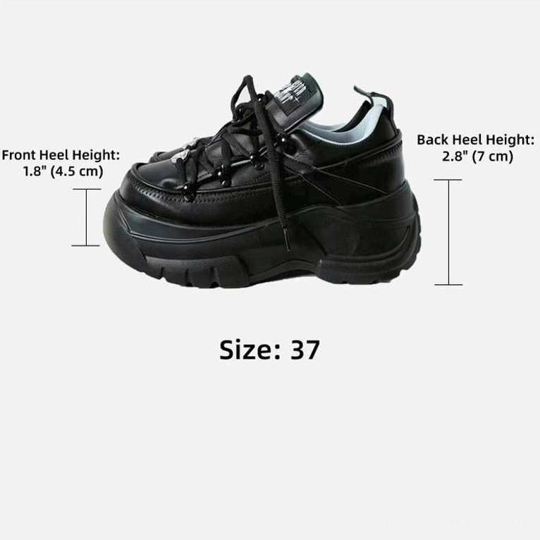 EU size 37 black jirai kei platform sneakers side profile showing 1.8 inch front heel and 2.8 inch back platform height measurements