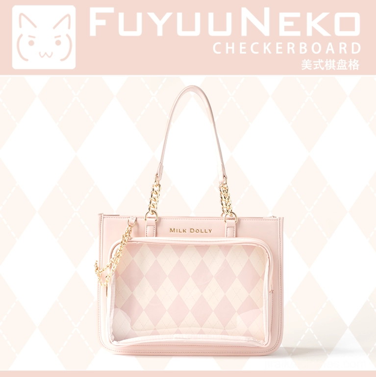 Size reference comparison showing checkered ita bag dimensions alongside common everyday items for scale