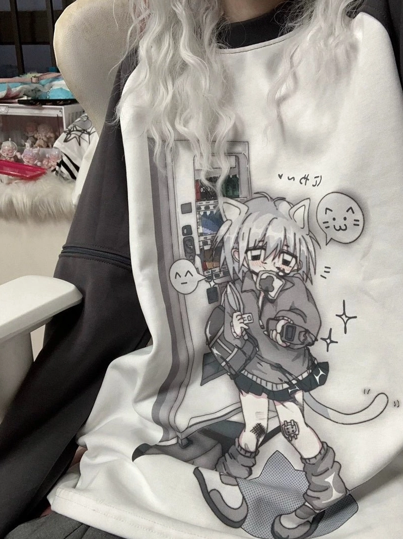 Sky blue and dark grey raglan sleeve anime tee color comparison both colorways jirai-kei