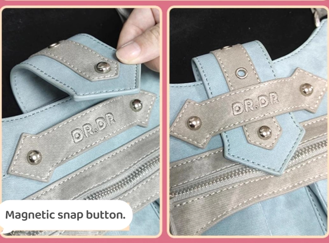 Sky blue Jirai Kei ita crossbody bag shown with alternative fashion accessories like pins badges and stickers suggesting coordination ideas
