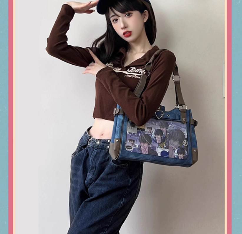 Sky blue Jirai Kei ita shoulder bag paired with anime convention outfit and casual alternative fashion styling complete look inspiration