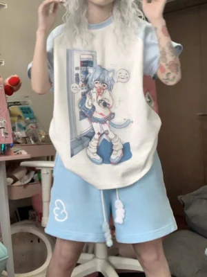 Sky blue white jirai kei sports shorts with cloud embroidery and fuzzy drawstring pom-poms front view model gaming bedroom anime aesthetic