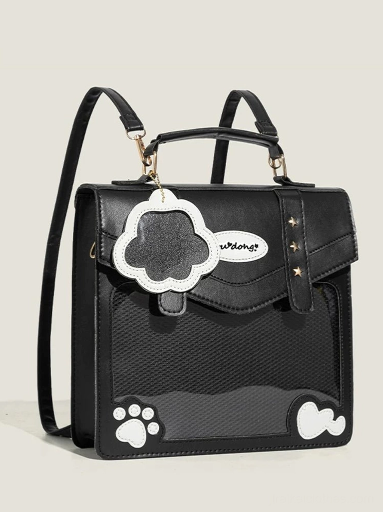 solid black jirai kei ita bag clover pendant cat paw heart bottom decoration studio lighting front static view