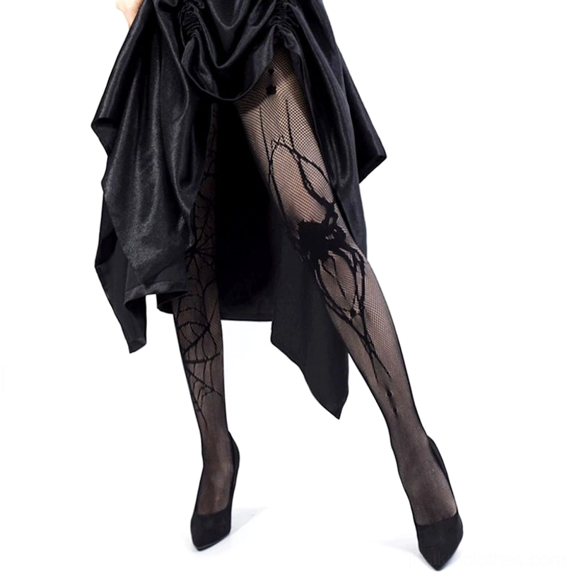 Spiderweb fishnet tights detailed product shot showing spider and cobweb pattern mesh construction jirai kei hosiery