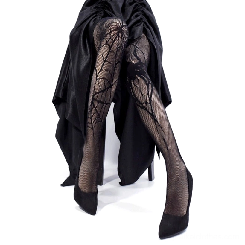 Spiderweb fishnet tights color variant comparison black and white mesh hosiery gothic aesthetic side view