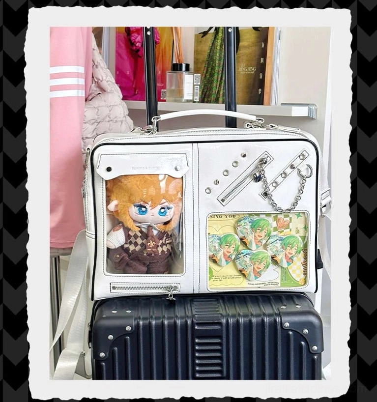Standard style black Jirai Kei ita bag with thread details and removable strap customization