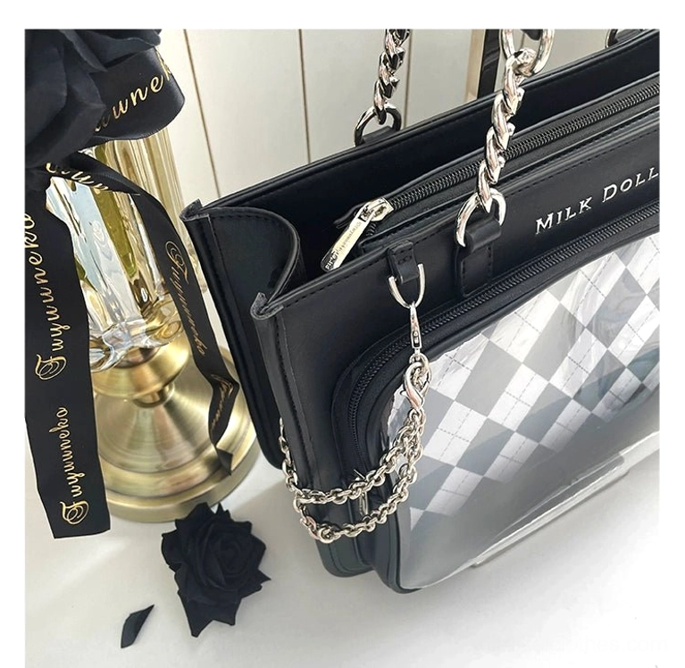 Street fashion photography showing checkered jirai kei ita bag as essential aesthetic accessory piece