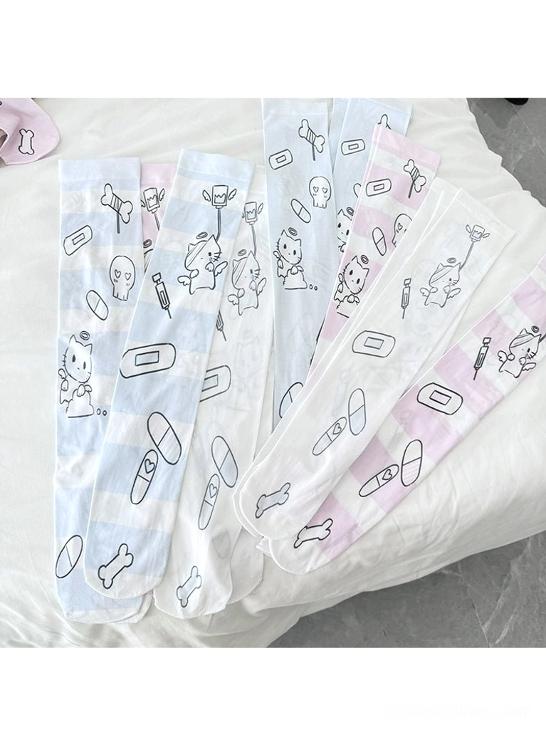 Striped blue angel over-the-knee Tenshi Kaiwai velvet socks with cartoon angel prints and lace detailing, striped color variant for Jirai Kei coordinates