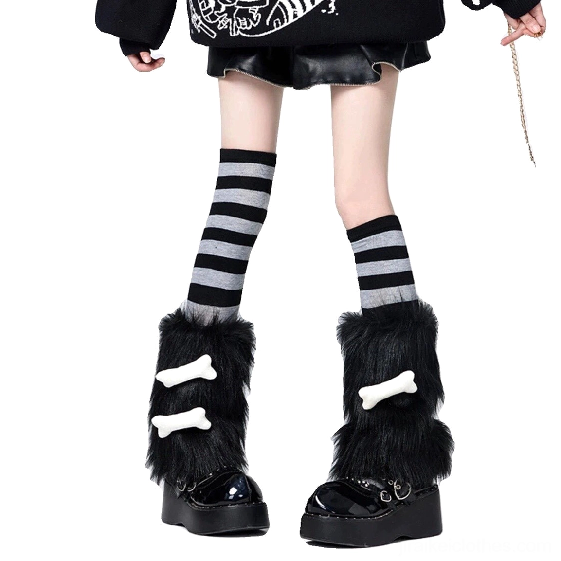 Black-grey horizontal striped thigh-high socks with black plush leg warmers white bone accents platform shoes Y2K fashion detail view