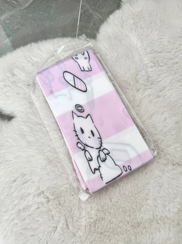 Striped pink angel Tenshi Kaiwai thigh-high velvet socks with playful angel prints and lace cuff trim, full product display for Jirai Kei fashion