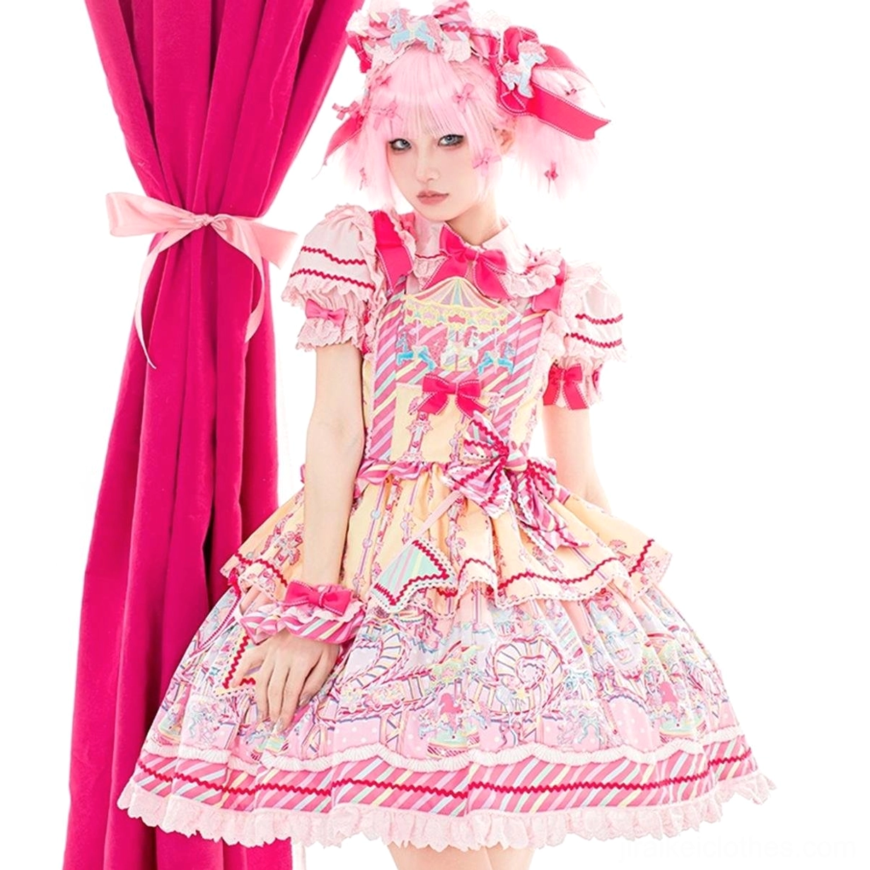 Front full body display of sweet Lolita dress with tiered ruffled skirt waist bow and continuous cartoon printed pattern