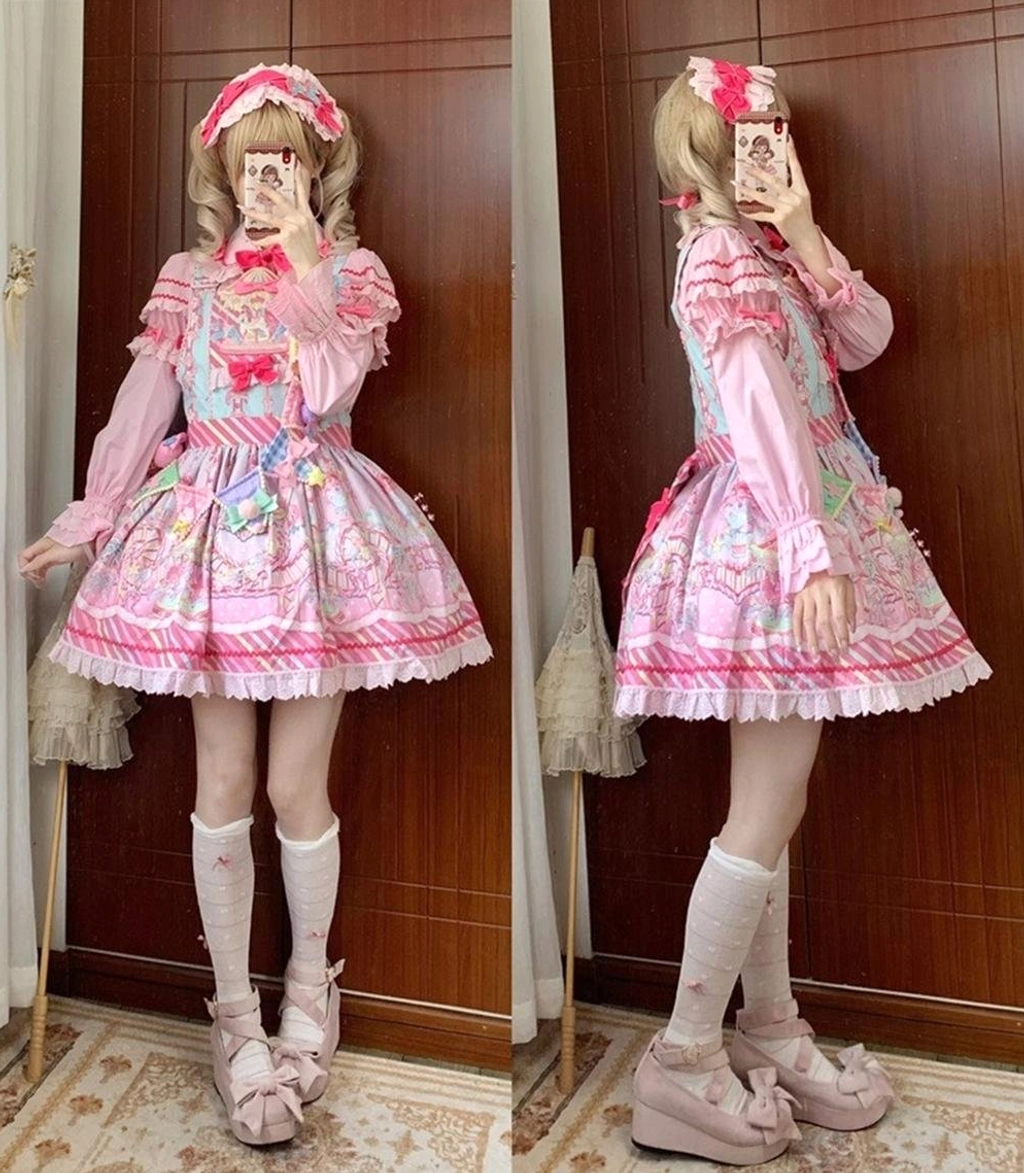Sweet Lolita JSK with long sleeve pink blouse showing knee-length skirt chest bow accents and coordinated blonde model