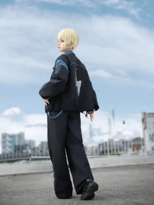 Back view of Techwear Cargo Set showing lightning print on jacket and wide-leg cargo pants Jirai Kei style cyberpunk streetwear