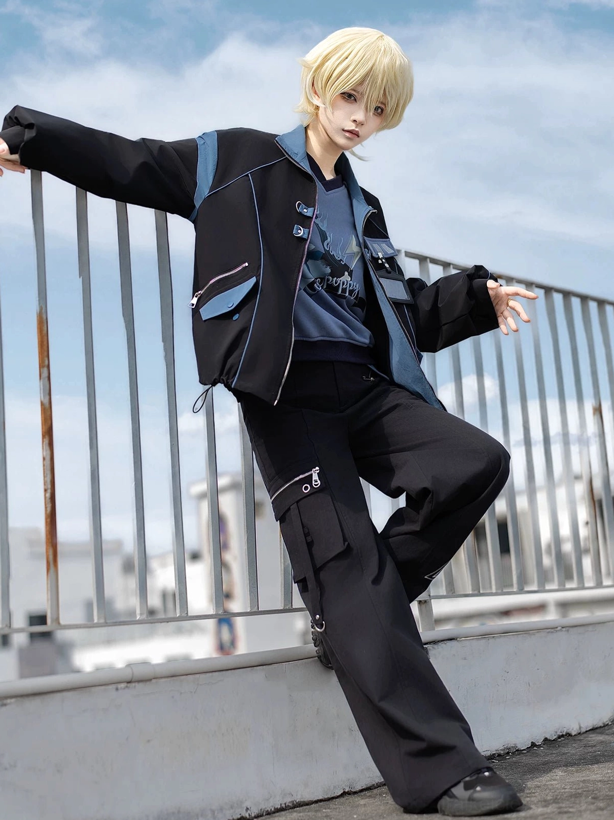 Dynamic action shot of Techwear Cargo Jacket Pants Set showing zippered jacket and lifted leg pose cyberpunk street aesthetic