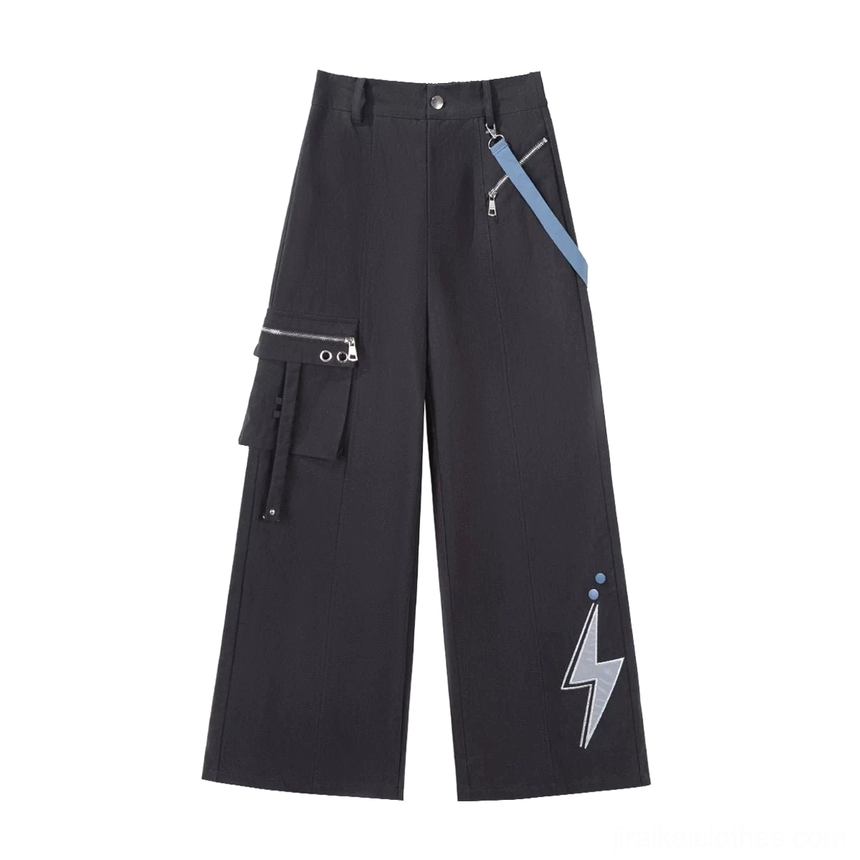 Techwear Cargo Pants with removable tape decoration elastic back waist and lightning print hem in black with blue accents