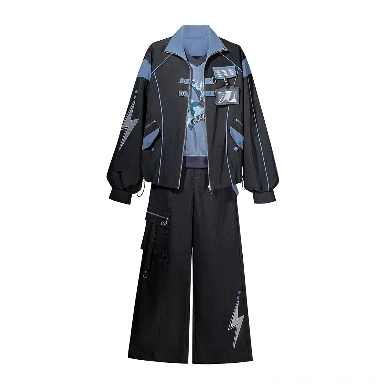 Black and blue color scheme of Techwear Set displaying deep base with electric accents for cyberpunk Jirai Kei aesthetic